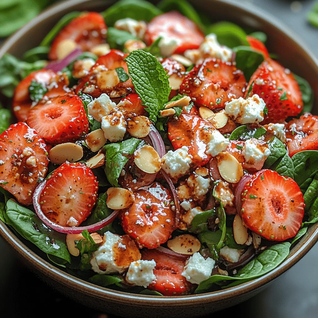 As the sun shines brightly and the temperatures rise, there's nothing quite like enjoying a fresh, vibrant salad to cool down and nourish your body. Summer is the perfect season to indulge in light, refreshing meals that highlight the bounty of seasonal produce available. One such delicious option is the <strong>Strawberry Feta Bliss Salad</strong>. This delightful salad combines the sweetness of ripe strawberries with the creamy tang of feta cheese, creating a perfect harmony of flavors and textures that will tantalize your taste buds.” /></p>
</p>
<h3>Detailed Guidance on Each Step</h3>
</p>
<p><strong>Preparing and Fluffing the Spinach for Optimal Texture</strong></p>
</p>
<p>Start by rinsing your fresh spinach leaves thoroughly under cold water to remove any dirt or residual pesticides. After rinsing, gently spin the leaves in a salad spinner to remove excess moisture. If you don’t have a salad spinner, lay the leaves on a clean kitchen towel and pat them dry gently. Once dried, it’s time to fluff the spinach. Use your hands to gently lift and separate the leaves, creating air pockets that will help maintain their crispness in the salad. Fluffed spinach not only looks appealing but also improves the overall texture of your Strawberry Feta Bliss Salad.</p>
</p>
<p><strong>Properly Slicing Strawberries for Presentation and Taste</strong></p>
</p>
<p>For slicing strawberries, start by hulking them—removing the green leafy tops using a sharp knife. Next, rinse the strawberries under cold water and pat them dry. For presentation, slice the strawberries lengthwise into thin slices, about 1/4 inch thick. This method not only enhances their visual presentation but also allows for an even distribution of sweetness throughout the salad. If you’re using larger strawberries, you may want to slice them into quarters to create bite-sized pieces. Remember to choose ripe strawberries for the best flavor; they should be bright red and fragrant.</p>
</p>
<p><strong>Techniques for Crumbling Feta Cheese Evenly</strong></p>
</p>
<p>Crumbling feta cheese can be tricky if you’re not familiar with the right techniques. Begin with a block of feta cheese; using a fork is the best approach to achieve that perfect crumbly texture. Simply press down firmly on the cheese with the tines of the fork, breaking it apart gradually. Avoid using a knife, as it can lead to uneven chunks rather than crumbles. For an even distribution, crumble the feta directly over the salad once all the other ingredients are added, ensuring that each bite has a balanced flavor.</p>
</p>
<p><strong>Best Practices for Slicing Red Onion and Almonds</strong></p>
</p>
<p>When preparing red onions, the goal is to achieve thin, even slices that won’t overpower the salad. Start by peeling the onion and cutting it in half from root to tip. Place the cut side down on the cutting board for stability, and slice thinly from one end to the other. If you find the raw taste of red onion too strong, consider soaking the slices in cold water for about 10 minutes to mellow their flavor before adding them to the salad.</p>
</p>
<p>For the almonds, whether you’re using slivered or sliced almonds, a sharp knife is essential. If using whole almonds, slice them into thin pieces for a crunchy texture that complements the soft strawberries and creamy feta. If you prefer toasted almonds, lightly toast them in a dry skillet over medium heat for 3-5 minutes until they are golden brown and fragrant. This step will enhance their flavor and add a delightful crunch to your salad.</p>
</p>
<p><strong>How to Dress the Salad Without Overpowering It</strong></p>
</p>
<p>Choosing the right dressing is crucial to enhance the flavors of the Strawberry Feta Bliss Salad without overwhelming them. A simple vinaigrette made from olive oil, balsamic vinegar, honey, salt, and pepper works beautifully. To make the dressing, whisk together 3 tablespoons of olive oil with 1 tablespoon of balsamic vinegar, adding a teaspoon of honey for sweetness. Season with salt and pepper to taste. Drizzle the dressing over the salad just before serving to ensure that the spinach and other ingredients remain crisp. Toss the salad gently to coat the ingredients evenly while preserving their integrity.</p>
</p>
<p><strong>Tips for Tossing the Salad Gently to Maintain Ingredient Integrity</strong></p>
</p>
<p>When it comes to tossing the salad, gentleness is key. Use salad tongs or your hands to lift and fold the ingredients together, ensuring that the spinach, strawberries, feta, onions, and almonds are well mixed without bruising the delicate greens or crushing the strawberries. Avoid vigorous stirring, which can lead to mushy ingredients. Instead, think of it as a gentle embrace—lifting from the bottom and turning the top ingredients down to achieve even distribution.</p>
</p>
<h3>Variations and Customizations</h3>
</p>
<p><strong>Suggest Alternative Ingredients Based on Dietary Preferences</strong></p>
</p>
<p>Every salad can be customized to suit various dietary needs and preferences. If you’re looking for vegan options, you can easily substitute the feta cheese with a plant-based cheese alternative. There are several great brands available that replicate the crumbly texture and tangy flavor of feta.</p>
</p>
<p>For those with nut allergies or who prefer a nut-free salad, consider replacing the almonds with seeds such as sunflower or pumpkin seeds, or simply omitting them altogether for a lighter dish.</p>
</p>
<p>If you want to add protein to make your Strawberry Feta Bliss Salad a heartier meal, grilled chicken strips or roasted chickpeas are excellent choices. The chicken can be marinated in a light vinaigrette before grilling for added flavor, while chickpeas can be seasoned and roasted for a crispy texture.</p>
</p>
<p>For seasonal variations, feel free to incorporate other fruits or greens. Fresh blueberries or raspberries can replace strawberries in the winter months, and baby kale or arugula can be substituted for spinach, providing a different flavor profile while maintaining the crunch.</p>
</p>
<h3>The Perfect Occasion for Strawberry Feta Bliss Salad</h3>
</p>
<p>The beauty of the Strawberry Feta Bliss Salad lies in its versatility, making it suitable for various occasions. It shines at picnics, barbecues, and family gatherings, where fresh and vibrant dishes are appreciated. The bright colors and delightful flavors are sure to impress guests and add a special touch to any gathering.</p>
</p>
<p>For pairing suggestions, consider serving this salad alongside grilled meats, such as chicken or salmon, or as part of a larger buffet spread. It also complements lighter dishes, such as a vegetable quiche or a selection of cheeses and charcuterie.</p>
</p>
<p>Another great option is to serve it as a refreshing standalone meal on a warm day. The combination of fresh ingredients and delicious flavors makes it satisfying enough to stand on its own, especially when protein is added.</p>
</p>
<h3>Health Benefits of the Strawberry Feta Bliss Salad</h3>
</p>
<p>The ingredients in the Strawberry Feta Bliss Salad are not only delicious but also packed with health benefits. Spinach is a nutrient powerhouse, rich in vitamins A, C, and K, as well as iron and calcium. Strawberries provide antioxidants, particularly vitamin C, which boosts immunity and promotes healthy skin.</p>
</p>
<p>Feta cheese, while providing a creamy texture, also offers calcium and protein, contributing to bone health and muscle repair. Almonds add healthy fats, fiber, and protein, making this salad a well-rounded option for those looking to maintain a balanced diet.</p>
</p>
<p>Overall, the low-calorie nature of this dish combined with its nutrient density makes it an excellent choice for those seeking to incorporate more vegetables and fruits into their meals. Salads like this one encourage healthy eating habits, showcasing how nutritious foods can be delicious without sacrificing flavor.</p>
</p>
<h3>Conclusion</h3>
</p>
<p>The Strawberry Feta Bliss Salad is a delightful blend of flavors and textures that celebrates fresh ingredients. Its versatility allows for various adaptations based on personal preferences or seasonal availability, making it a go-to recipe for many occasions. Whether you enjoy it as a side dish or a main course, this salad is sure to impress.</p>
</p>
<p>By embracing fresh produce and healthy ingredients, you can create a meal that nourishes both body and soul without compromising on taste. We encourage you to try this recipe and savor the refreshing taste of summer with every bite. Enjoy the vibrant combination of strawberries, feta, and spinach, and let this salad become a staple in your culinary repertoire!</p>
</div>