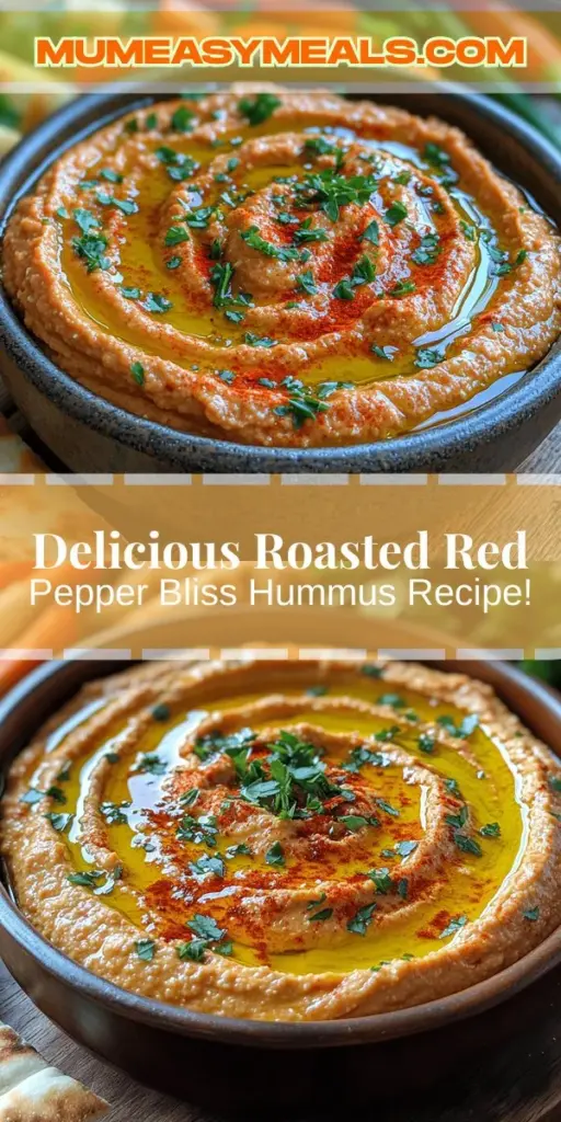 Elevate your snack game with this Roasted Red Pepper Bliss Hummus recipe! This creamy, flavorful dip combines chickpeas and sweet, smoky roasted red peppers for a nutritious treat. Perfect for pairing with pita bread, veggies, or as a spread in sandwiches, this hummus is not just delicious but also packed with health benefits. Learn how to make it at home with simple ingredients and enjoy a guilt-free indulgence that impresses at any gathering!