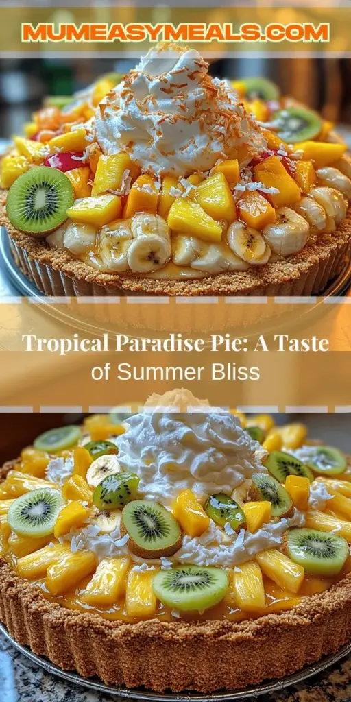 Transport your taste buds to a sunny oasis with the Tropical Paradise Pie, a dessert that captures the essence of summer in every slice. This vibrant pie features a delicious graham cracker and coconut crust filled with a creamy blend of fresh pineapple, bananas, and coconut cream, topped off with fluffy whipped cream and tropical fruits. Perfect for any occasion, this pie is sure to impress and delight your guests. Experience the joy of homemade tropical bliss!