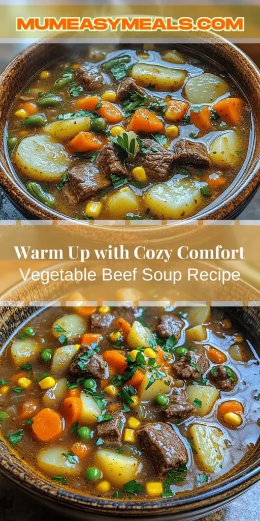 Warm up your day with a bowl of Cozy Comfort Vegetable Beef Soup! This heartwarming recipe combines tender beef with a vibrant medley of vegetables for a nutritious and filling meal. Perfect for family dinners or meal prep, it’s simple enough for novice cooks. Discover the delicious ingredients and easy steps to create a wholesome soup that nourishes not just the body but the soul. Gather your loved ones and enjoy the comfort of homemade goodness.