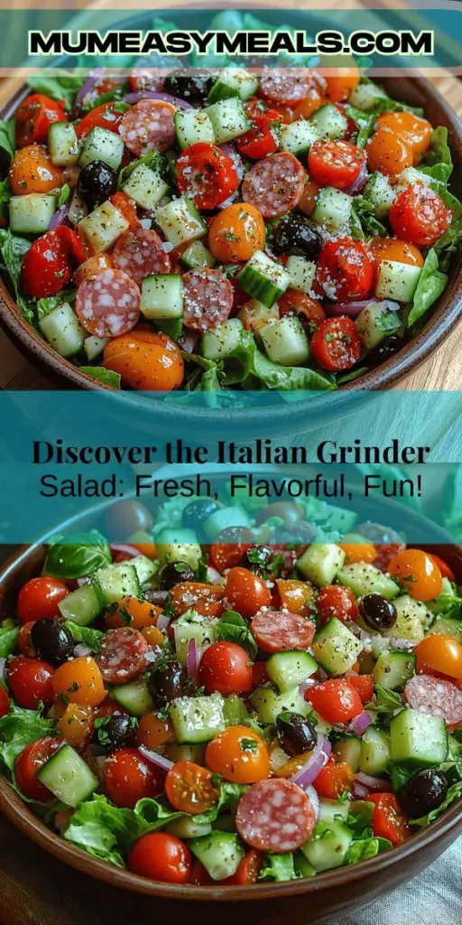 Experience the vibrant flavors of Italy with a delicious Italian Grinder Salad that celebrates fresh ingredients and culinary tradition. This colorful dish combines crisp romaine lettuce, juicy cherry tomatoes, savory salami, and creamy provolone, making it a perfect light meal or side for any gathering. Easy to prepare and packed with nutrients, this salad reflects the beauty of Italian cuisine and invites you to savor every bite. Enjoy it chilled for an unbeatable taste!