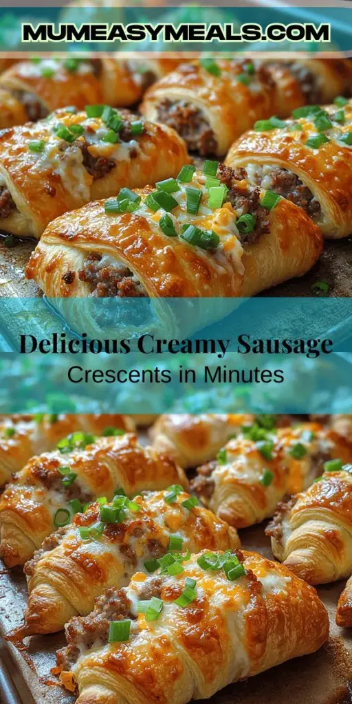 Elevate your snacking game with this Creamy Sausage Crescents recipe! These flaky, buttery delights are perfect for game days, parties, or simply satisfying your cravings at home. Made with refrigerated crescent roll dough, Italian sausage, and a creamy cheese filling, they are easy to prepare and bursting with flavor. Discover how to create these irresistible bites and impress your family and friends with this deliciously simple treat!
