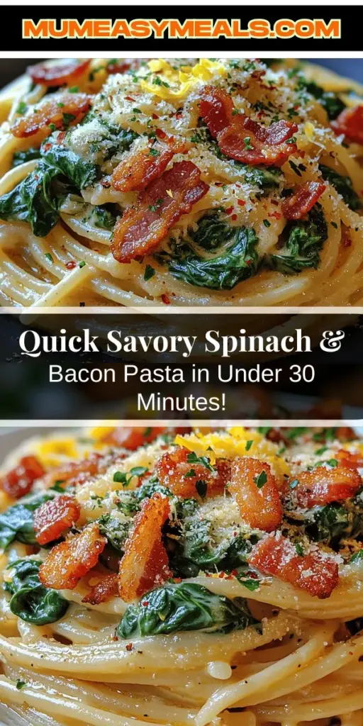 Discover the delicious balance of indulgence and freshness with Savory Spinach & Bacon Delight Pasta. This quick and easy recipe combines crispy bacon, vibrant spinach, and al dente pasta, creating a satisfying meal in under 30 minutes. With flavorful garlic, zesty lemon, and creamy Parmesan, each bite is an explosion of taste and texture. Perfect for busy weeknights or gatherings, this dish promises to impress with its savory goodness and nutritional benefits. Embrace the joy of home cooking!