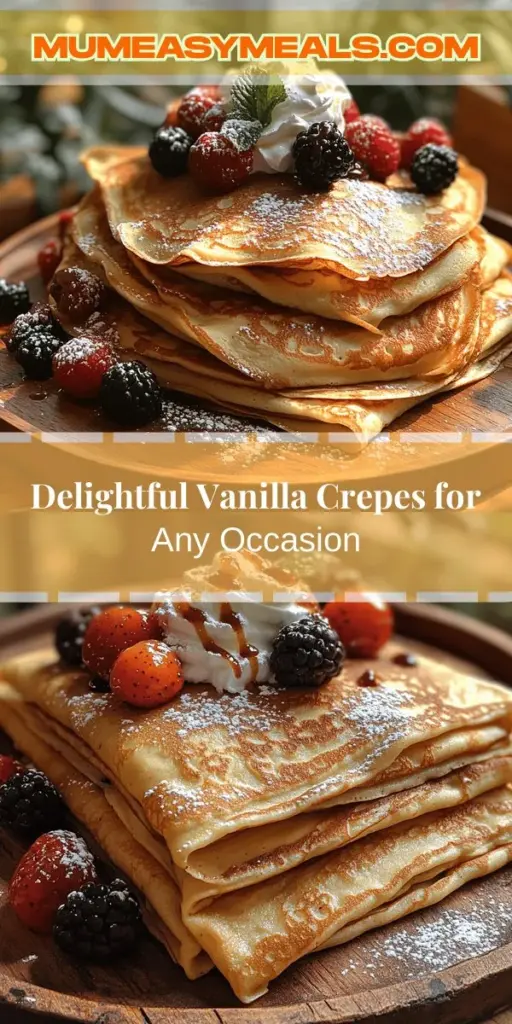 Discover the elegance of Delightful Vanilla Crepes, a versatile dish perfect for any meal—be it breakfast, brunch, or dessert. Originating from France, these thin pancakes can be filled with a variety of fresh fruits, decadent sauces, or enjoyed simply with powdered sugar. This easy recipe combines basic ingredients, creating light and airy crepes with a hint of vanilla. Explore the rich history and adaptability of crepes while impressing friends and family with this culinary delight.