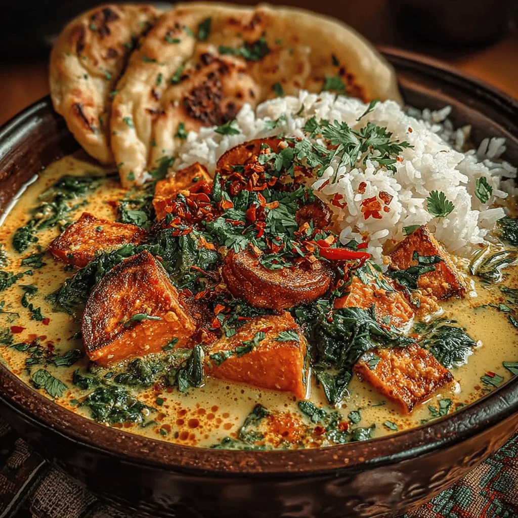 <strong>Sweet Potatoes</strong>” /></p>
</p>
<h2>Benefits of Tomato Paste</h2>
</p>
<p>Tomato paste is an essential ingredient in many curries, and for good reason. It not only adds a rich depth of flavor but also contributes a necessary acidity that balances the sweetness of the sweet potatoes. When cooked down, tomato paste intensifies, creating a robust base that enhances the overall taste profile of the dish. This acidity works harmoniously with spices, allowing them to shine through and maintain their distinct characteristics. Incorporating tomato paste into your Sweet Potato & Spinach Curry brings a velvety texture and a beautiful color that makes the dish visually appealing as well.</p>
</p>
<h2>Simmering for Perfection</h2>
</p>
<h3>The Importance of Simmering for Achieving Tender Sweet Potatoes</h3>
</p>
<p>Simmering is a crucial step in the cooking process when preparing your Sweet Potato & Spinach Curry. This method allows the sweet potatoes to cook evenly and become tender without disintegrating. After adding your sweet potatoes to the pot, bring the mixture to a gentle boil before reducing the heat to a simmer. This slow cooking process ensures that the sweet potatoes absorb the flavors of the spices and tomatoes, resulting in a creamy, flavorful curry.</p>
</p>
<h3>How to Know When the Curry is Ready</h3>
</p>
<p>To determine when your curry is ready, check the sweet potatoes for tenderness. They should be easily pierced with a fork but still hold their shape. This usually takes about 20-25 minutes of simmering, depending on the size of your sweet potato cubes. Once you achieve that perfect tenderness, it’s time to move on to the next step of adding the spinach.</p>
</p>
<h2>Finishing Touch with Spinach</h2>
</p>
<h3>How to Properly Add and Incorporate Spinach Without Overcooking</h3>
</p>
<p>Adding spinach to your curry is the final touch that brings freshness and vibrant color to the dish. To incorporate the spinach properly, add it to the simmering curry just a few minutes before you finish cooking. This allows the spinach to wilt without losing its bright green color and nutritional value. Use a gentle folding motion to mix the spinach evenly into the curry, ensuring that it is well-distributed without being overcooked.</p>
</p>
<h3>Visual Cues for Perfectly Wilted Spinach</h3>
</p>
<p>The visual cues for perfectly wilted spinach include a vibrant green color and a soft texture. As soon as the spinach wilts down, which should take no more than 2-3 minutes, it’s an indication that it’s ready to be served. Avoid cooking it for too long, as overcooked spinach can become mushy and lose its appealing appearance.</p>
</p>
<h2>Final Seasoning Adjustments</h2>
</p>
<h3>Tips on Tasting and Seasoning with Salt, Pepper, and Optional Spices</h3>
</p>
<p>Once the spinach is incorporated, it’s time for the final seasoning adjustments. Taste your curry and assess its flavor profile. If it requires a bit more depth, consider adding a pinch of salt and freshly ground black pepper. You can also experiment with additional spices such as cumin, coriander, or a dash of cayenne pepper for heat. Remember, small increments go a long way, so add seasonings gradually and taste as you go.</p>
</p>
<h2>Serving Suggestions</h2>
</p>
<h3>Best Practices for Serving Sweet Potato & Spinach Curry</h3>
</p>
<p>When serving your Sweet Potato & Spinach Curry, presentation is key. A deep bowl can showcase the vibrant colors of the dish. Ladle the curry generously into the bowl, allowing the sweet potatoes and spinach to be prominent in the presentation.</p>
</p>
<h3>Recommended Sides: Pairing with Cooked Rice or Naan</h3>
</p>
<p>This curry pairs beautifully with a side of fluffy cooked rice, which helps absorb the rich sauce. Basmati rice is an excellent choice, as its delicate aroma complements the curry’s flavors. Alternatively, serve it with warm naan bread, perfect for scooping up the curry and enhancing the overall dining experience.</p>
</p>
<h3>Suggestions for Garnishing: The Role of Fresh Cilantro</h3>
</p>
<p>To elevate the dish further, consider garnishing with fresh cilantro. Not only does it add a pop of color, but it also introduces an aromatic freshness that brightens the overall flavor. Simply chop a handful of cilantro leaves and sprinkle them over the curry just before serving for an inviting finish.</p>
</p>
<h2>Nutritional Benefits of Sweet Potato & Spinach Curry</h2>
</p>
<h3>Breakdown of the Nutritional Profile per Serving</h3>
</p>
<p>Sweet Potato & Spinach Curry is not only delicious but also packed with nutrients. A standard serving typically contains approximately:</p>
</p>
<p>– Calories: 250-300</p>
<p>– Protein: 5-7 grams</p>
<p>– Carbohydrates: 45-50 grams</p>
<p>– Fiber: 8-10 grams</p>
<p>– Fat: 5-7 grams</p>
</p>
<h3>Health Benefits Associated with Regular Consumption of Sweet Potatoes and Spinach</h3>
</p>
<p>Sweet potatoes are an excellent source of vitamins A and C, potassium, and dietary fiber. Their natural sweetness makes them a favorite in various dishes while providing a range of health benefits, such as improved gut health and immune function. Spinach, on the other hand, is rich in iron, calcium, and antioxidants, contributing to strong bones and overall health. Together, these ingredients create a nourishing dish that supports a balanced diet.</p>
</p>
<h3>The Role of Plant-Based Meals in Overall Health and Wellness</h3>
</p>
<p>Incorporating plant-based meals like Sweet Potato & Spinach Curry into your diet can significantly contribute to your overall health and wellness. Plant-based diets are associated with lower rates of heart disease, obesity, and diabetes. They also promote better digestion and provide essential nutrients that are vital for maintaining energy levels and overall vitality.</p>
</p>
<h2>Storage and Reheating Instructions</h2>
</p>
<h3>Guidelines for Storing Leftovers: Best Practices for Maintaining Freshness</h3>
</p>
<p>If you have leftover Sweet Potato & Spinach Curry, store it in an airtight container in the refrigerator. It will stay fresh for up to 4-5 days. For longer storage, consider freezing the curry. Transfer it to a freezer-safe container and it can last for up to 3 months without losing flavor.</p>
</p>
<h3>How to Properly Reheat the Curry Without Losing Flavor or Texture</h3>
</p>
<p>To reheat your curry, place it in a saucepan over medium heat. Stir occasionally to ensure it heats evenly and does not stick to the bottom. If the curry appears thick, add a splash of water or vegetable broth to reach your desired consistency. Avoid reheating it in the microwave, as that can lead to uneven heating and potential loss of texture.</p>
</p>
<h2>Conclusion</h2>
</p>
<p>Preparing Sweet Potato & Spinach Curry is a delightful culinary adventure that brings together wholesome ingredients and vibrant flavors. The combination of sweet potatoes and spinach not only creates a satisfying meal but also offers a wealth of nutritional benefits. By following the steps outlined in this recipe, you will create a dish that is both delicious and nourishing, perfect for family dinners or meal prep.</p>
</p>
<p>We encourage you to explore more plant-based recipes to diversify your meal options while enjoying the benefits of wholesome ingredients. Incorporating dishes like this curry into your routine is a step towards a healthier lifestyle, one delicious bite at a time. Embrace the joy of cooking and the satisfaction that comes from preparing meals that are as good for your body as they are for your taste buds.</p>
</div>